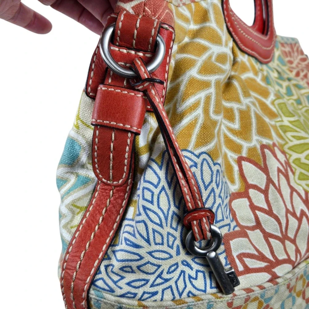 Vtg Fossil Hobo Floral Canvas Top Handle Satchel Bag Key Charm No Crossbody